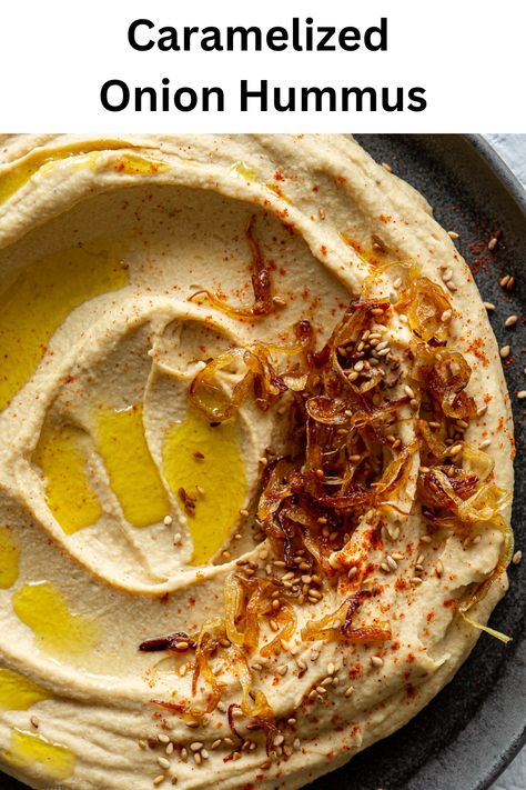 This Caramelized Onion Hummus recipe is so much better than store bought! Sweet caramelized onions are blitz with nutty chickpeas, creamy tahini, lemon and garlic. Use it as a dip for pita chips and crudites or spread in sandwiches and wraps. Caramelized Onion Hummus, Onion Hummus Recipe, Onion Hummus, Hummus Flavors, Sandwiches And Wraps, Chickpea Hummus, Carmelized Onions, Family Dishes, Healthy Potato Recipes