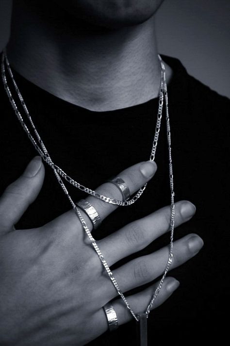 Masculine Jewelry Silver, Hand With Ring, Chains Aesthetic, Masculine Jewelry, Rings And Necklaces, Mens Chain, Mens Silver Jewelry, Silver Chain For Men, Handmade Sterling Silver Rings