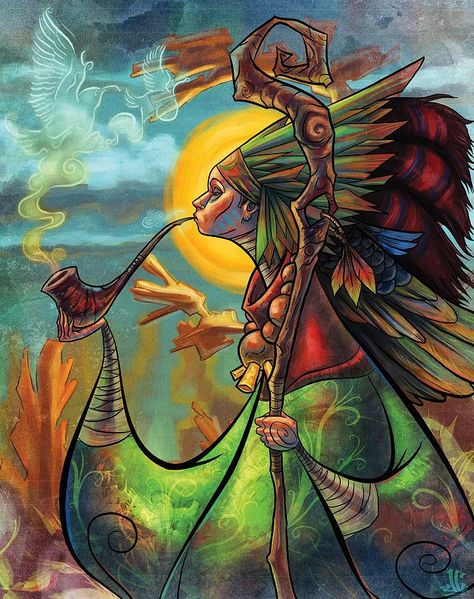 Female shaman with awesome staff, pipe, dreadlocks, and spirit birds made of smoke. Conscious Awareness, Psy Art, The Mystic, Watercolor Artists, Alphonse Mucha, Mystical Art, Visionary Art, Native Art, Spiritual Art