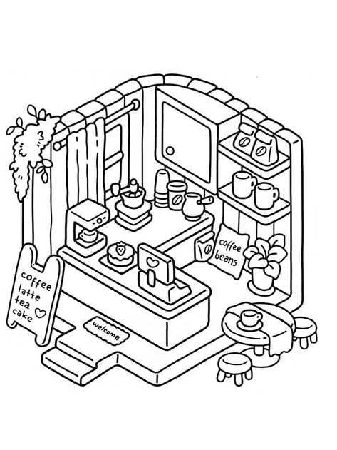 Coloring Pages Little Corner, Fish Tank Coloring Pages, Corner Coloring Pages, Cute And Comfy Coloring Pages, Coloring Page Inspiration, Isometric Coloring Page, Pocket World Coloring Page, Cutesy Coloring Pages, Cozy Corners Coloring Pages