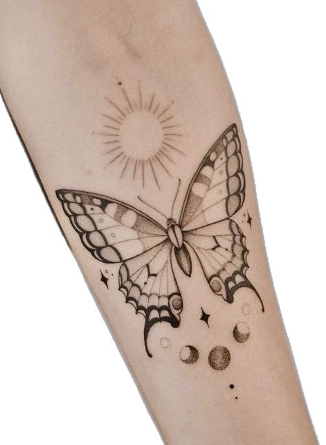 #butterfly #moontattoo #butterflytattoo #blackandgreytattoo #finelinetattoo #ideas #inspiration #tattoo #tattooideas #tattoosforwomen #tattoomodel #tattoofemale Old World Swallowtail Tattoo, Yellow Swallowtail Butterfly Tattoo, Sun Butterfly Tattoo, Sun And Butterfly Tattoo, 2 Butterflies Tattoo, Butterfly And Moth Tattoo, Butterfly Henna Tattoo, Swallowtail Butterfly Tattoo, Celestial Tattoos