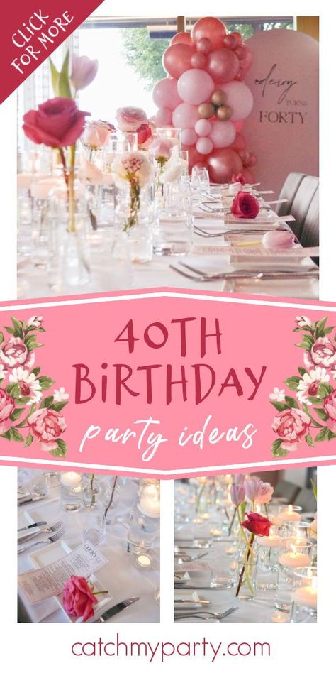 Take a look at this beautiful pink 40th birthday party! The table settings are gorgeous! See more party ideas and share yours at CatchMyParty.com Floral 40th Birthday Party Decorations, 40 Birthday Centerpieces For Women, Pink Themed 40th Birthday Party, Feminine Birthday Party Ideas, Feminine 40th Birthday Party, Floral 40th Birthday Party, Pretty In Pink 40th Birthday Party, Pink Theme Table Setting, Table Decorations For 40th Birthday Party