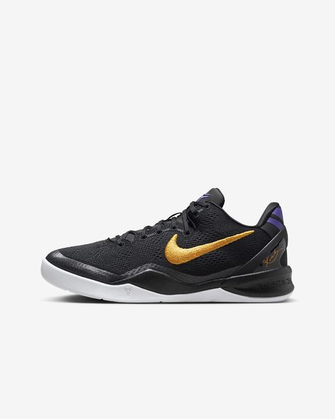 This Kobe's made for you—a rising star ready to play. Faithfully recreated with the same unforgettable look, the Kobe 8 strips away the excess to near perfection for a shoe that looks as fast as it feels. Shown: Black/White/Court Purple/University Gold Style: FN0266-002 Kobe 8 Shoes, Kobe 8, Kids Basketball, Ready To Play, Gold Style, Big Kids, Basketball Shoes, To Play, Basketball