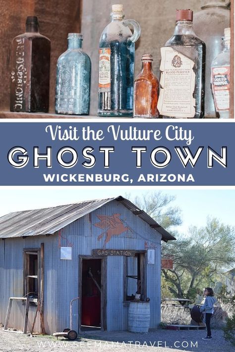 Visit Vulture City Ghost Town in Wickenburg, Arizona.An old historic mining town in Arizona. Arizona ghost town. What to do in Wickenburg. Arizona travel. Arizona weekend getaways. #arizona #weekendgetaway #arizonahighway #whattodo #wickenburg #vulturecity #ghosttown Wickenburg Arizona, Arizona Ghost Towns, Haunted Towns, Dark Tourism, Surprise Arizona, Travel Arizona, The Vulture, Arizona Art, Arizona Adventure