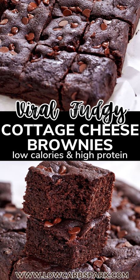 These Cottage Cheese Protein Brownies are rich and chocolatey, packing 7 grams of protein per brownie. Flourless, sugar-free, and under 100 calories, they're the perfect high-protein snack Cottage Cheese Protein Brownies, High Protein Snacks With Cottage Cheese, Cottage Cheese Brownies Healthy, High Protein Low Calorie Dessert, Low Fat High Protein Snacks, High Protein Treats, Cottage Cheese Brownies, High Protein Low Calorie Desserts, Protein Desserts Low Carb