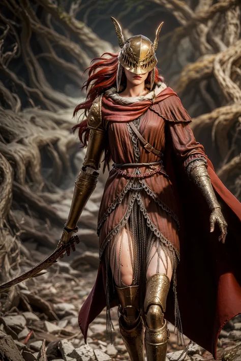 The image is of a woman in a red dress and gold armor. She is standing in a forest, and there are trees and rocks all around her. She is holding a sword in her right hand. The woman has long red hair and green eyes. She is wearing a helmet with a visor, and there is a red cloth scarf around her neck. The woman's armor is made of gold and has intricate designs on it. She is wearing a long red dress under her armor. The woman is standing in a confident pose, and she looks like she is ready for battle. Malenia Cosplay, Red And Gold Armor, Women In Armor, Malenia Elden Ring, Regal Woman, Red Hair And Green Eyes, Elden Rings, Dress Armor, Red Armor