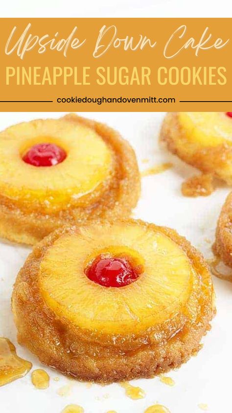 Experience a unique twist on the classic sugar cookie with our Upside Down Cake Pineapple Sugar Cookies! These delightful treats combine the irresistible flavors of upside-down cake and sugar cookies into one mouthwatering bite. Each cookie features a buttery sugar cookie base topped with a juicy pineapple ring. Perfect for summer gatherings or whenever you crave a taste of paradise. Pineapple Cinnamon Sugar Cookies, Pineapple Upside Down Cake Sugar Cookies, Upside Down Recipes, Pineapple Upside Down Cake Cookies, Pineapple Upside Sugar Cookies, Pineapple Upside Down Cookies Recipe, Upside Down Pineapple Cookies, Unique Deserts Ideas, Easy Desserts That Travel Well