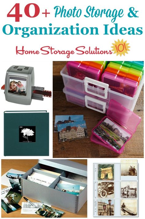 Over 40 photo storage and organization ideas you can use in your home, including for archival quality albums, binder pages, photo pens, storage boxes and bins, ways to store and organize negatives and slides, and even things to help you digitize photos, slides and negatives, as well as to store and display your digital photos (referral link) #PhotoStorage #PhotoOrganizers #OrganizePhotos Pictures Organization Storage, Storage Ideas For Pictures, Picture Album Storage Ideas, Storage Ideas For Photo Albums, Storing Printed Photos, How To Organize Pictures Storage, Organizing Photos Storage, Memories Organization Ideas, Photograph Storage Ideas