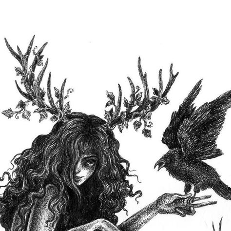 Brett Manning Art, Bone Witch Art, Dark Witch Drawing, Dark Witch Art, Swamp Witch Aesthetic, Creepy Deer, Bog Bodies, Crow Core, Forest Witch Aesthetic