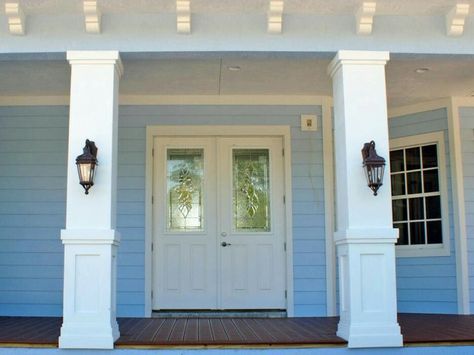 Front door Square Pillars Front Porches, Square Pillar Design Exterior Entrance, Porch Post Ideas, Porch Column Wraps, Front Porch Pillars, Exterior Wall Lights, Front Porch Posts, Porch Pillars, Column Ideas