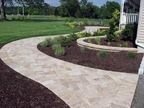 Top 50 Best Paver Walkway Ideas - Exterior Hardscape Designs Desert Landscape With Pavers, Brown Pavers Walkways, Herringbone Front Walkway, Farmhouse Pathway, Painted Sidewalk, Front Walkway Landscaping, Travertine Patio, Front Yard Walkway, Paver Path