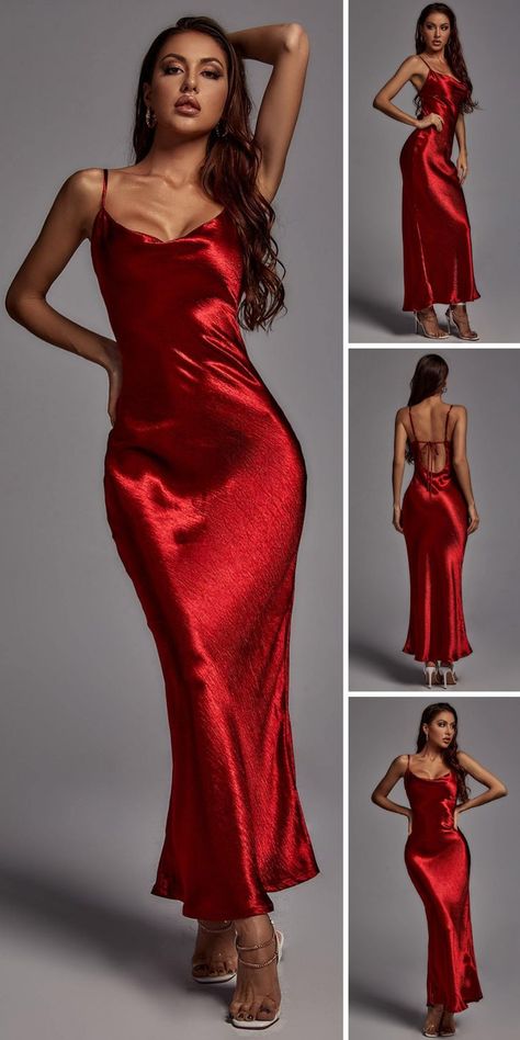 Christmas Dress Women Classy Simple, Satin Dress Aesthetic, Silky Red Dress, Wine Maxi Dress, Dress Poses, Newyear 2023, Bellabarnett Dress, Gold Maxi Dress, Red Satin Dress