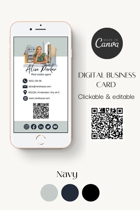 Digital Business Card Design, Realtor Cards, Starting A Clothing Business, Navy Color Palette, Real Estate Marketing Plan, Realtor Business Cards, Real Estate Marketing Design, Qr Code Business Card, Virtual Card