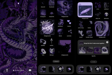 Dark Purple Iphone Layout, Purple Themed Homescreen, Dark Purple Phone Layout, Black And Purple Homescreen, Dark Purple Phone Theme, Purple Homescreen Ideas, Purple Iphone Theme, Purple Ios Layout, Purple Phone Layout