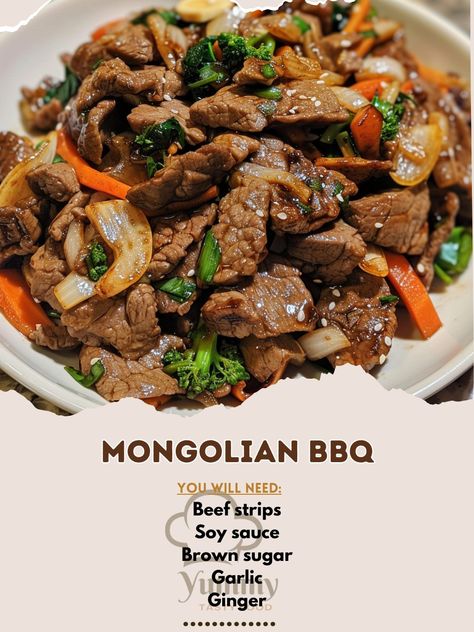 🔥🍖 Experience the thrill of Mongolian BBQ at home! Easy, customizable, and delicious. #MongolianBBQNight Mongolian BBQ Ingredients: Beef strips (1 lb) Soy sauce (1/4 cup) Brown sugar (2 tbsp) Garlic, minced (1 tsp) Ginger, minced (1 tsp) Vegetables (mixed, 2 cups) Cooking oil (2 tbsp) Instructions: Marinate beef in soy sauce, sugar, garlic, and ginger. Heat oil, stir-fry beef until browned. Add vegetables, cook until tender. Serve hot with rice or noodles. 🔥🍲 Sizzle up your dinner with this... Mongolian Bbq At Home, Bbq At Home, Mongolian Bbq, Cozy Fall Recipes, Garlic And Ginger, Beef Strips, Marinated Beef, Fried Beef, Beef Stir Fry