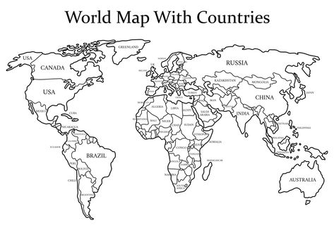 Black and White World Map with Countries Map Of The World Drawing, Drawing World Map, Black And White Images Free Printable, World Map Printable Free, Map Of The World Printable, World Map Outline Printable, World Map Drawing, Free Printable World Map With Countries, World Map Coloring Page Free Printable