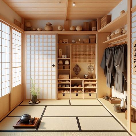 Japanese Room Zen House Interior Design, Japanese Style Apartment Small Spaces, Japanese House Aesthetic Modern, Japanese Room Style, Japanese Dressing Room, Traditional Japanese Room Aesthetic, Traditional Japanese Decor, Japanese Closet Design, Japan Room Ideas