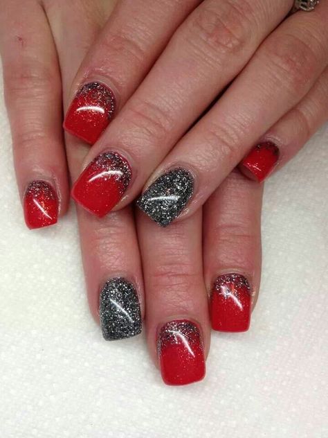 . Red Grey Nails Design, Red Black Gel Nails, Red Fingernail Designs, Red Grey Nails, Grey And Red Nails, Red And Grey Nails, Uga Nails, Osu Nails, School Spirit Nails