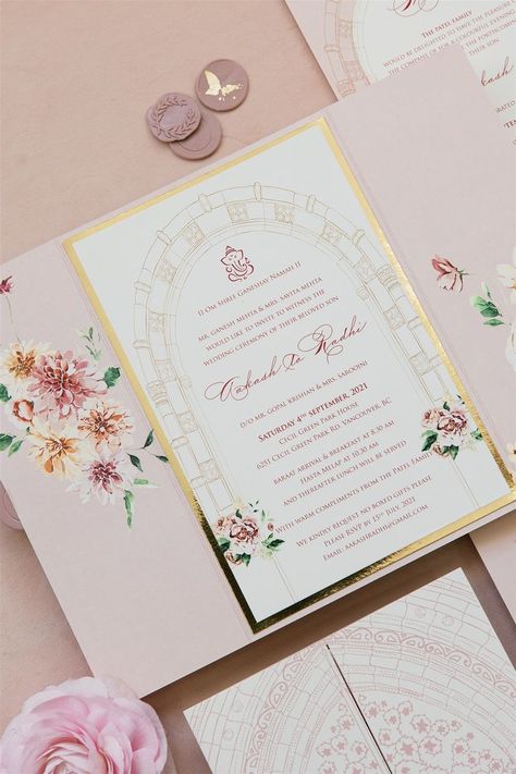 Floral Hindu Wedding Invitation in Gate Fold Style in Blush and Ivory https://www.instagram.com/gdesigners.ca/ Sikh Wedding Invitation, Indian Invitations, Hindu Wedding Invitation Cards, Muslim Wedding Invitations, Hindu Wedding Invitations, Hindu Wedding Cards, Indian Wedding Invitation Cards, Indian Wedding Cards, Wedding Invitation Inspiration