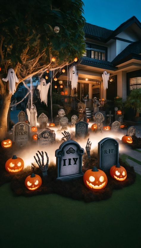 Graveyard Decorations Halloween, Graveyard Halloween Decorations, Halloween Graveyard Ideas, Halloween Graveyard Decorations, Halloween Front Yard, Halloween Exterior, Beetlejuice 2024, Scary Halloween Yard, Hanging Pumpkins