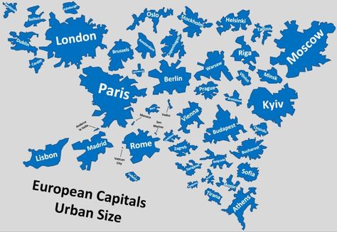 European Capitals Urban Size - Vivid Maps Maps Of Europe, Interesting Maps, Population Density, Luxembourg City, English Royal Family, Europe Map, World View, Travel Maps, Economic Development