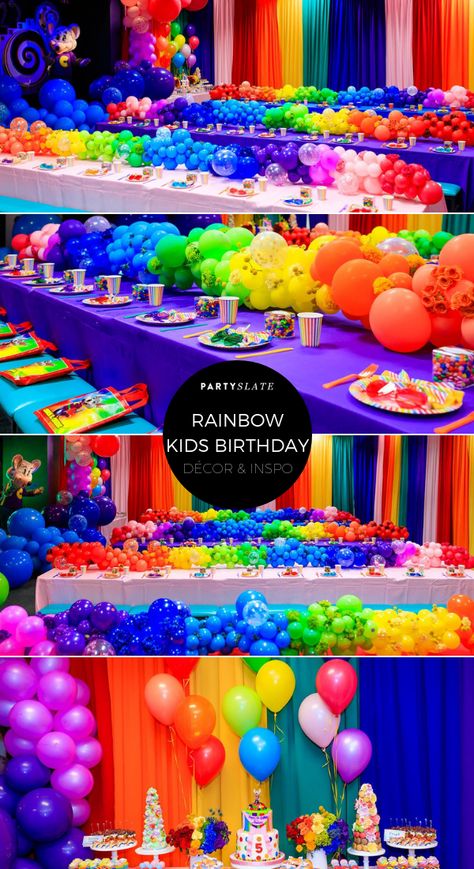 This rainbow kids birthday party was a whirlwind of bright colors, from rainbow wall draping to cascading rainbow balloon arrangements along brightly colored tables. Bright Rainbow Birthday Party, Rainbow Tea Party Church Decorations, Rainbow Bright Party, Colorful Birthday Party Decorations, Wall Draping, Crayola Party, Colorful Dinner, Rainbow Ruby, Rainbow Party Decorations