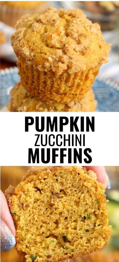 Collage of closeup shot of pumpkin zucchini muffin at top and closeup shot of hand holding half a pumpkin zucchini muffin at bottom. Walnut Zucchini Muffins, Keto Pumpkin Zucchini Muffins, Pumpkin Zucchini Recipes, Baking With Zucchini, Pumpkin Zucchini Muffins, Pumpkin Zucchini Bread, Pumpkin Zucchini, Thanksgiving Tea, Zucchini Recipes Dessert