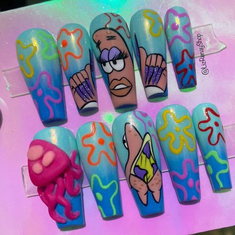 Patrick Star Nail Art, Cute Nail Drawings, Sassy Patrick Star, Patrick Nails Spongebob, Halloween Spongebob Nails, Sponge Bob Nail Art, Spongebob Halloween Nails, Patrick Star Nails, Peppa Pig Nails