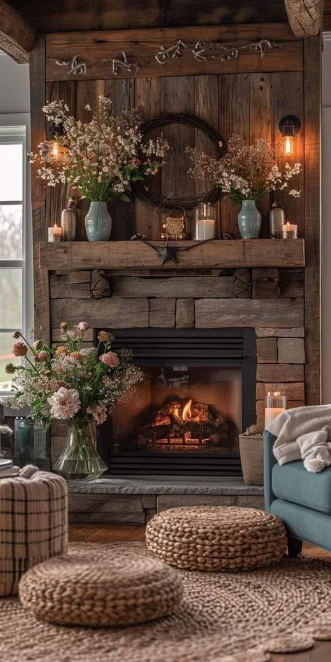 Modern Rustic Living Room, Farmhouse Fireplace, Casa Country, Rustic Home Design, Home Fireplace, Rustic Living, Cottage Living, Rustic Living Room, Fireplace Mantle