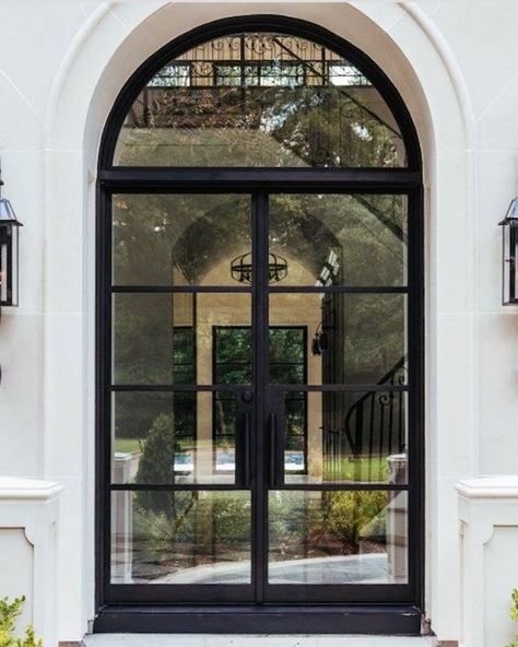 Arched Front Door, Steel Doors And Windows, Iron Front Door, Steel Entry Doors, Steel Front Door, Iron Entry Doors, Iron Door Design, French Doors Exterior, Steel Windows