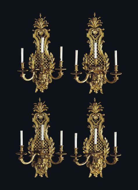 date unspecified A SET OF FOUR FRENCH ORMOLU THREE-LIGHT WALL-LIGHTS LATE 19TH CENTURY Price realised GBP 35,000 Paris Opera House, Lift Lobby, Antique Accessories, Stair Remodel, Modern Bedroom Interior, Wall Lights Sconces, Chalk Painting, Pride Prejudice, Street Lights