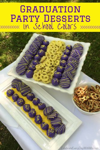 Great idea for graduation parties - match the school colors & everybody loves chocolate dipped treats! Idea For Graduation, Dessert Table Graduation, Graduation Party Desserts, Graduation Treats, Graduation Food, Graduation Desserts, Chocolate Dipped Treats, Senior Graduation Party, Boy Graduation