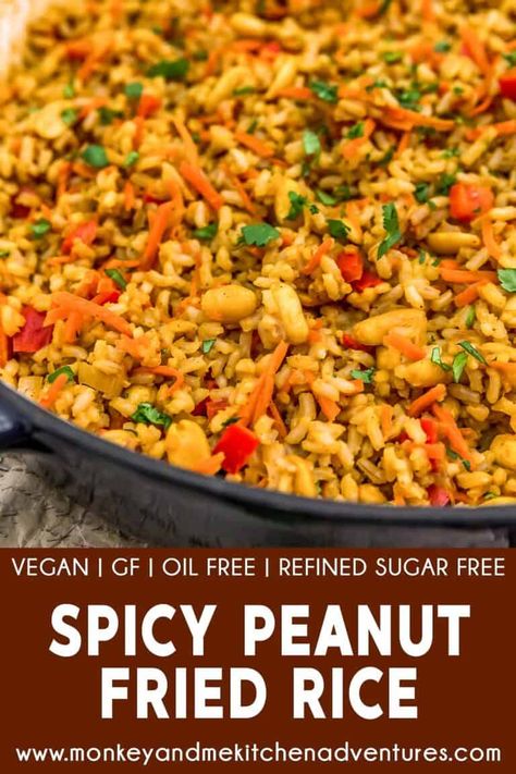 Packed with heat and peanut goodness, this oil-free Spicy Peanut Fried Rice is totally addicting and makes for a great side dish. #wholefoodplantbased #vegan #oilfree #glutenfree #plantbased | monkeyandmekitchenadventures.com Whole Plant Based Diet, Vegan Casseroles, Budget Vegan, Vegan Fried Rice, Monkey And Me Kitchen Adventures, Monkey And Me, Vegan Chinese, Asian Meals, Delicious Rice