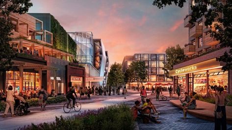 The company is trying to fight the housing crisis near its office by building a walkable neighborhood instead of typical suburban sprawl. Commercial Plaza Design, Campus Plan, Futuristic Civilization, Heatherwick Studio, Streetscape Design, Retail Architecture, Bjarke Ingels, Commercial Street, Innovative Architecture