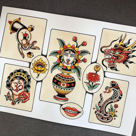 American Traditional Flash Sheet, Traditional Tattoo Flash Sheets, Americana Tattoo, Traditional Tattoo Flash Art, Traditional Tattoo Flowers, Sailor Jerry Tattoos, 1st September, Traditional Tattoo Sleeve, Traditional Flash