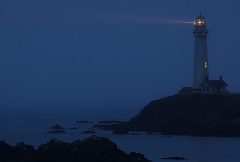 Pigeon Point Lighthouse at Night Lighthouse At Night, Nautical Aesthetic, Ocean At Night, Lighthouse Keeper, Lighthouse Painting, Lighthouse Art, Night Landscape, Light Houses, Blue Hour