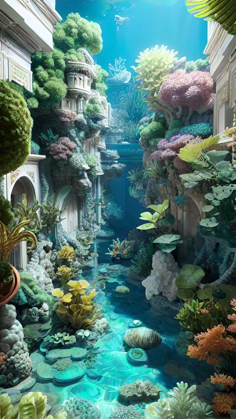 Underwater Village, Ocean Palace, Underwater Palace, Mermaid Palace, Island Kingdom, Magic Places Fantasy Dreams, Water World, Family World, Fantasy Background