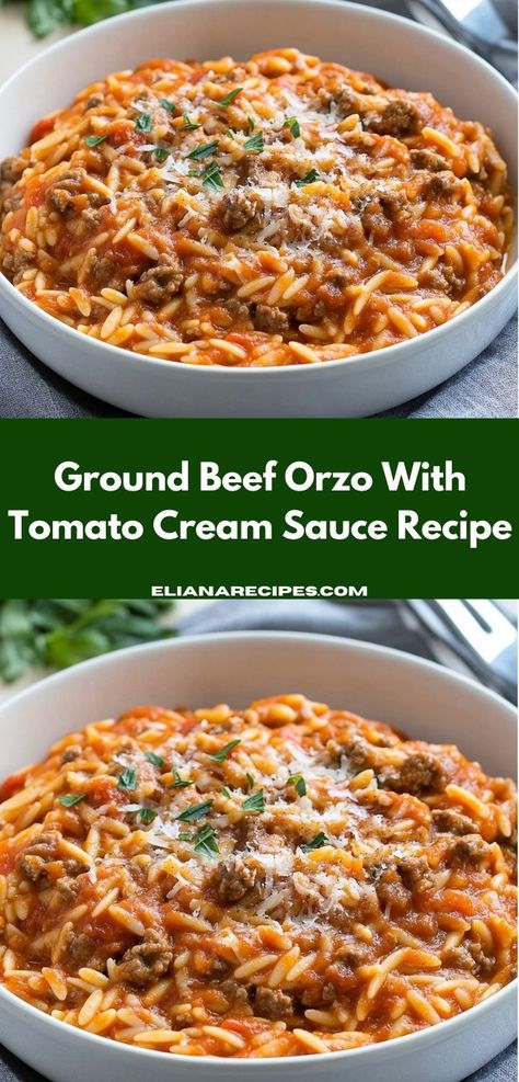 Need a simple yet delicious dinner idea? This Ground Beef Orzo With Tomato Cream Sauce is an easy one-pot dish that brings warmth and satisfaction to the table, ideal for family gatherings. Beef Orzo, Creamy Ground Beef, Ground Recipes, Cream Sauce Recipe, Tomato Cream Sauce, Creamy Pasta Dishes, Orzo Recipes, Cream Sauce Recipes, Beef Casserole Recipes