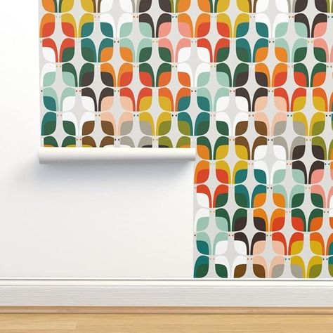 Peel & Stick Wallpaper Swatch - Mid Century Birds Whimsical Retro Atomic Era 1950S 1960S Look Custom Removable Wallpaper by Spoonflower - Amazon.com Hall Window, Entry Ideas, Etsy Fabric, Bird Wallpaper, Grasscloth Wallpaper, Paper Wallpaper, Kitchen Inspo, Retro Wallpaper, Office Spaces