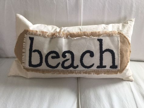 SOLD - Devi Designs Throw Pillow "BEACH" Linen Burlap Jute Feather Down Oblong 26X14  | eBay Decor For Beach House, Beach Stencils, Room Sofa Chair, Chair Balcony, Beach House Coastal, House Coastal, Canvas Pillow, Accent Throw Pillows, Coastal Home