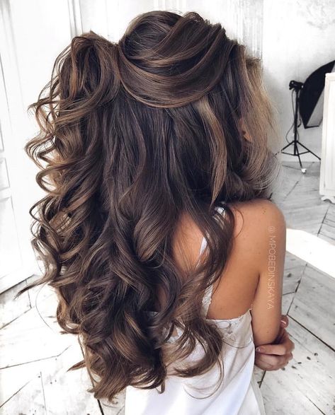 39 Gorgeous Half Up Half Down Hairstyles - Fabmood | Wedding Colors, Wedding Themes, Wedding color palettes Brown Bridal Hair Half Up Half Down, Bridal Hairstyles Wavy Hair, Long Wavy Half Up Half Down, Teased Half Up Half Down Hair, Hollywood Curls Half Up, High Half Up Wedding Hair, Glamorous Half Up Half Down Hair, Updo Half Up, Brown Hair Wedding Styles