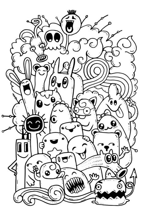 Color in these silly monsters and let your creativity run wild! These pages are perfect for kids of all ages, and they're sure to provide hours of fun. #coloringpages #monsters #doodles #kids #art Doodle Colorful Art, Doodle Coloring Pages, Happy Doodle, Silly Monsters, Doodle Monster, Happy Doodles, Monster Coloring Pages, Kids Doodles, Doodle Coloring