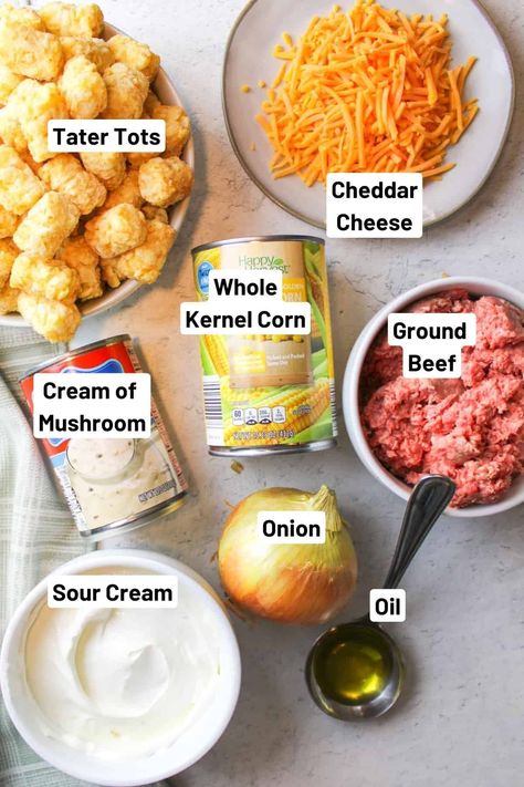 Check out this easy cheesy and creamy Tater Tot Casserole Recipe. Made with ground beef, corn, and sour cream it tastes incredible. This is the best hotdish recipe out there and once you try it, you'll know what I mean. Leftover Tater Tots, Tater Tot Beef Casserole, Tater Tot Casserole Without Cream Soup, Minnesota Tater Tot Hotdish, Tater Tot Casserole With Corn, Tater Tot Casserole With Sour Cream, Ground Beef And Tater Tot Casserole, Tater Tot Casserole With Ground Beef Taco, Taylor Tot Casserole Ground Beef