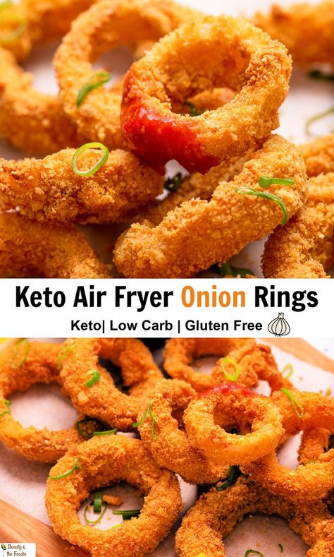 Air Fryer Onion Rings on a cutting board with a side of ketchup. Onion Rings Air Fryer, Keto Onion Rings, Air Fryer Onion Rings, Gluten Free Beauty Products, Real Food Snacks, Keto Air Fryer, Onion Ring, Best Keto Meals, Low Carb Side Dishes