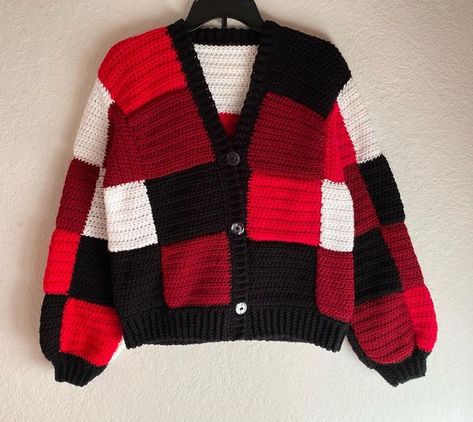 Crochet Flannel, Red Crochet Sweater, Red Crochet Cardigan, Patchwork Crochet Sweater, Black And Red Crochet, Red Yarn Crochet Projects, Christmas Crochet Cardigan, Patchwork Crochet Cardigan, Black And White Crochet Cardigan