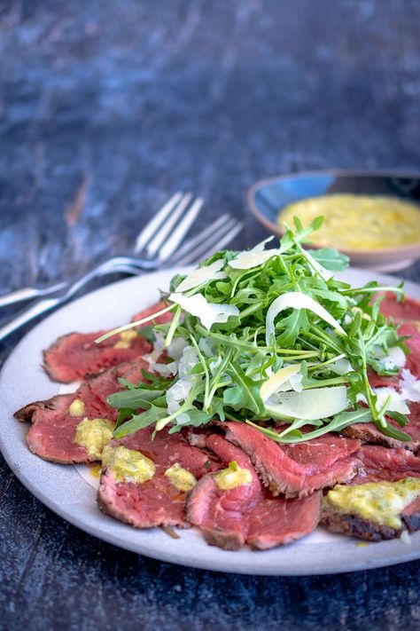 Perfectly seasoned and smoked Beef Carpaccio dressed with a creamy Dijon & White Wine sauce and finished with shaved Parmesan and fresh Rocket. Beef Carpaccio Recipe, Carpaccio Recipe, Beef Carpaccio, Red Meat Recipes, Weber Bbq, Beef Fillet, White Wine Sauce, Smoked Beef, Dine In