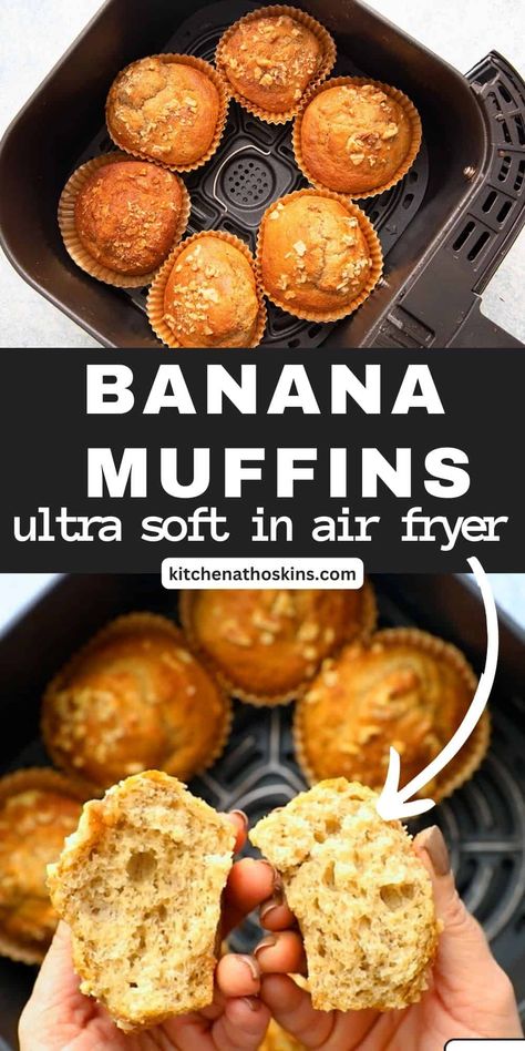 Air Fryer Banana Muffins are made using paper cupcake liners and have a beautiful crusty exterior with soft and fluffy inside, that is unlike an oven baked muffin, and it cooks in half the time. So good! Muffins In Air Fryer, Air Fryer Banana Muffins, Air Fryer Banana, Air Fryer Cake Recipes, Paper Cupcake Liners, Air Fryer Recipes Dessert, New Air Fryer Recipes, Air Fryer Recipes Snacks, Muffins Recipes