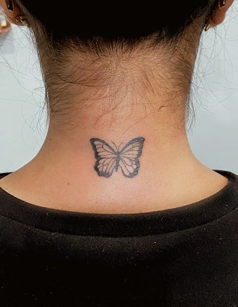 butterfly fine line tattoo lower neck Butterfly Back Neck Tattoo, Back Of Neck Butterfly Tattoo, Butterfly Tattoo Back Of Neck, Butterfly On Back Of Neck, Butterfly Tattoo Neck, Small Fine Line Butterfly Tattoo, Fineline Tattoo Minimalist Butterfly, Fine Line Half Butterfly Tattoo, Dainty Fine Line Butterfly Tattoo