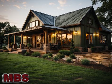 Georgia Barndominiums | Turnkey Construction | Home Builders Barndominium Ideas With Brick, Green Barndominium Ideas, Dark Green Barndominium Exterior, Barndominium Ideas Exterior Green, Green Barndominium, Green Barndominium Exterior, Metal Barn Homes, Building Home, Steel Building Homes