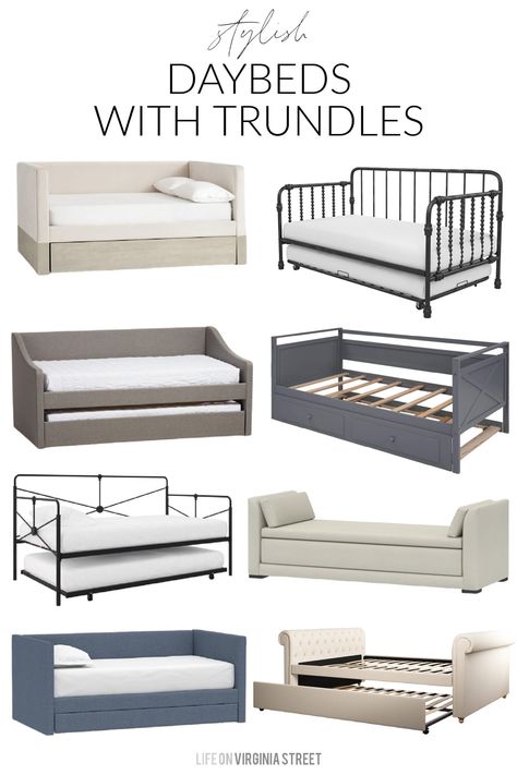 A collection of stylish daybeds with trundles, including upholstered daybeds, metal daybeds, trundle daybeds and more! Daybed And Trundle, Modern Day Bed Bedroom, Twin Trundle Bed Ideas, Boy Trundle Bed, Modern Daybed With Trundle, Office With Trundle Bed, Trundle Bed Boys Room, Boy Day Bed, Trundle Daybed Guest Rooms